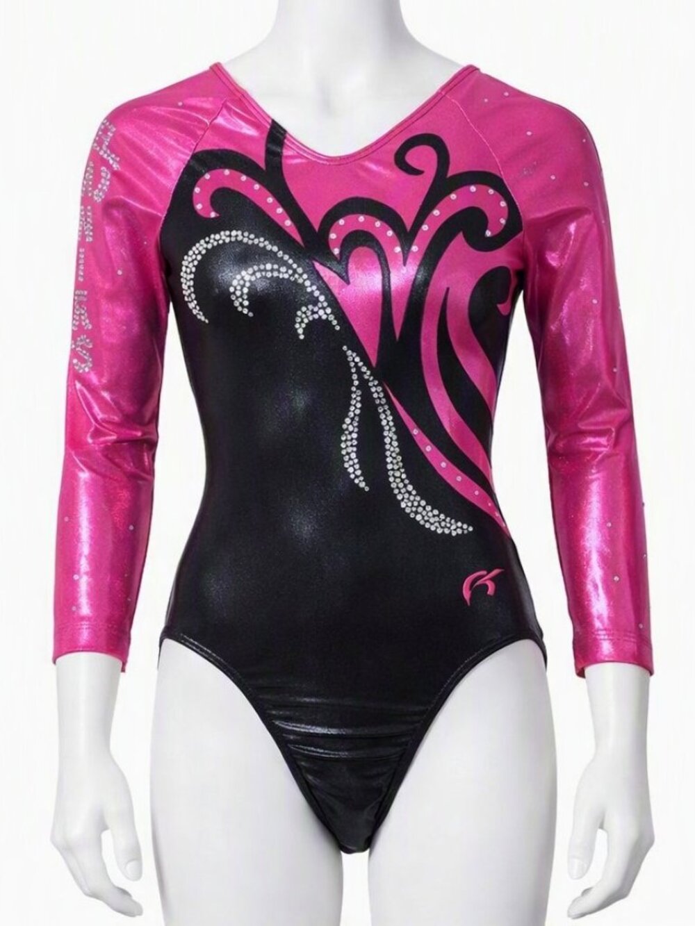 GK Elite Long Sleeve Competition Leotard Pink Black Rhinestones Size AXS